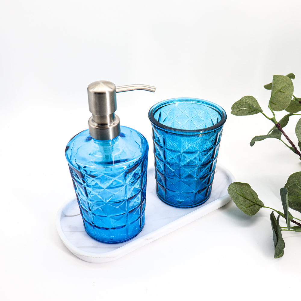 
                  
                    Recycled glass soap dispenser and tumbler set - blue - silver pump
                  
                